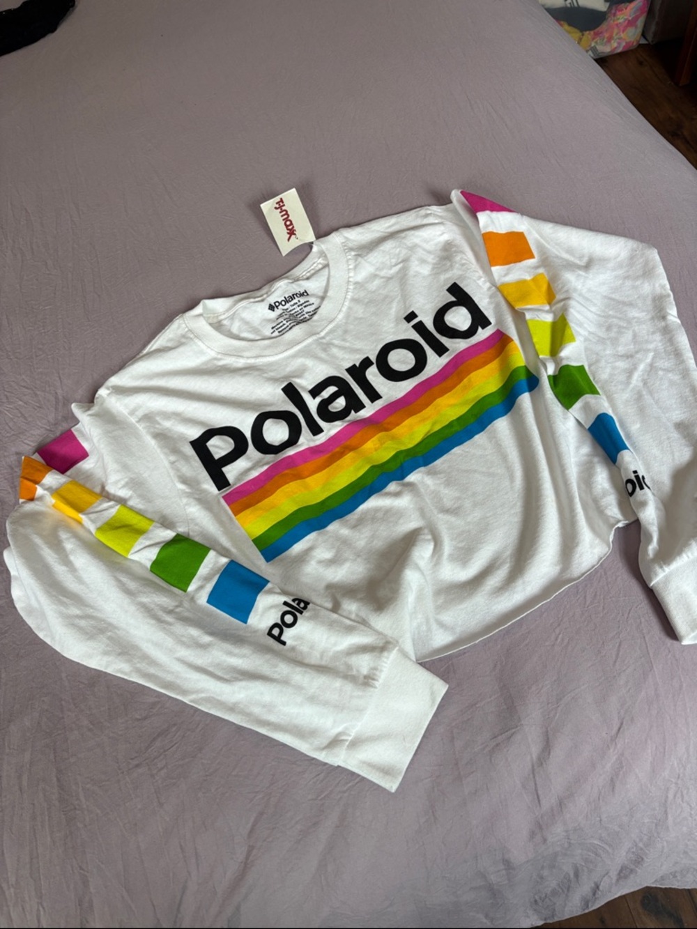 Polaroid White Tee with Multicolor Rainbow Stripes